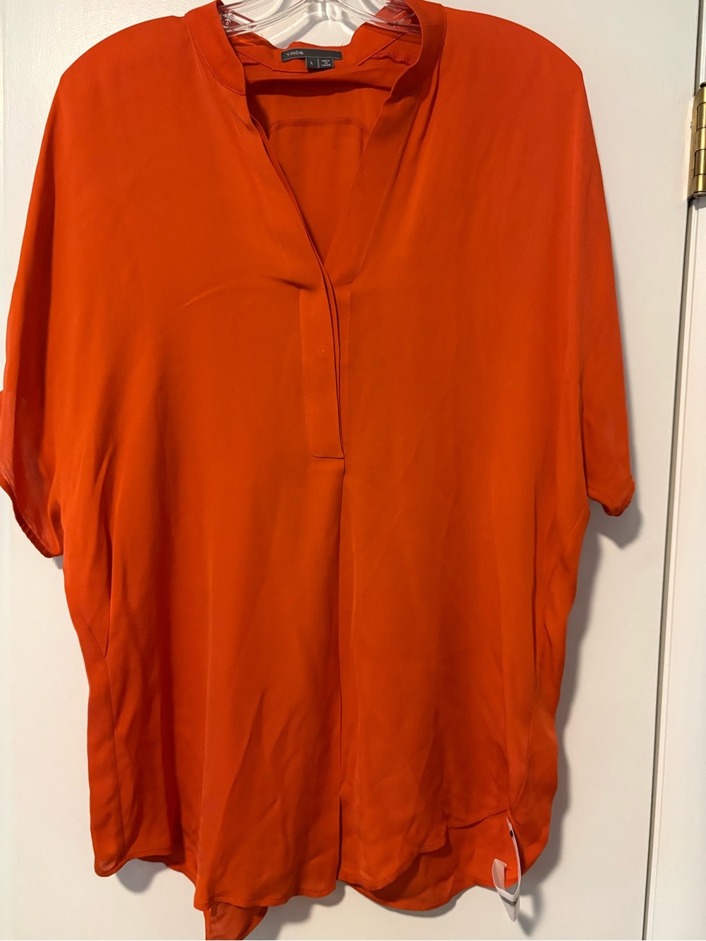 VINCE Burnt Orange Silk Short Sleeve V-Neck Blouse Tunic Top Large